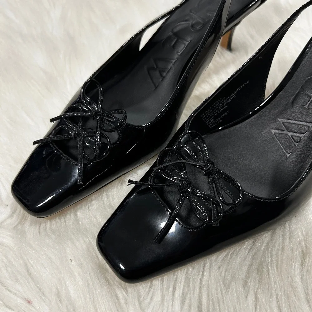 J. Crew Black Leona Patent‎ Leather Square Toe Slingback Heels Bow Detail 7.5 - Picture 2 of 8